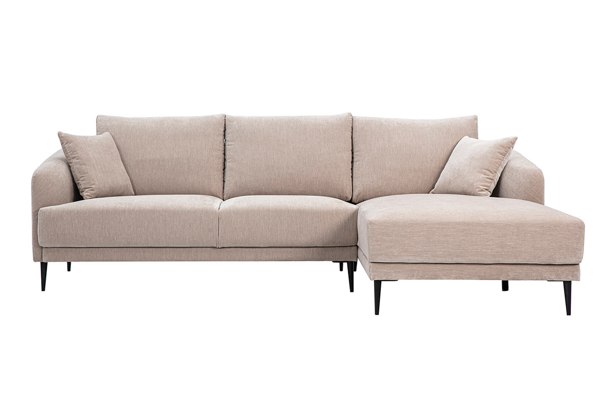 3-Sitzer-Rechts-Ecksofa aus taupefarbenem Stoff mit Chaiselongue, schwarzen Metallf��en.