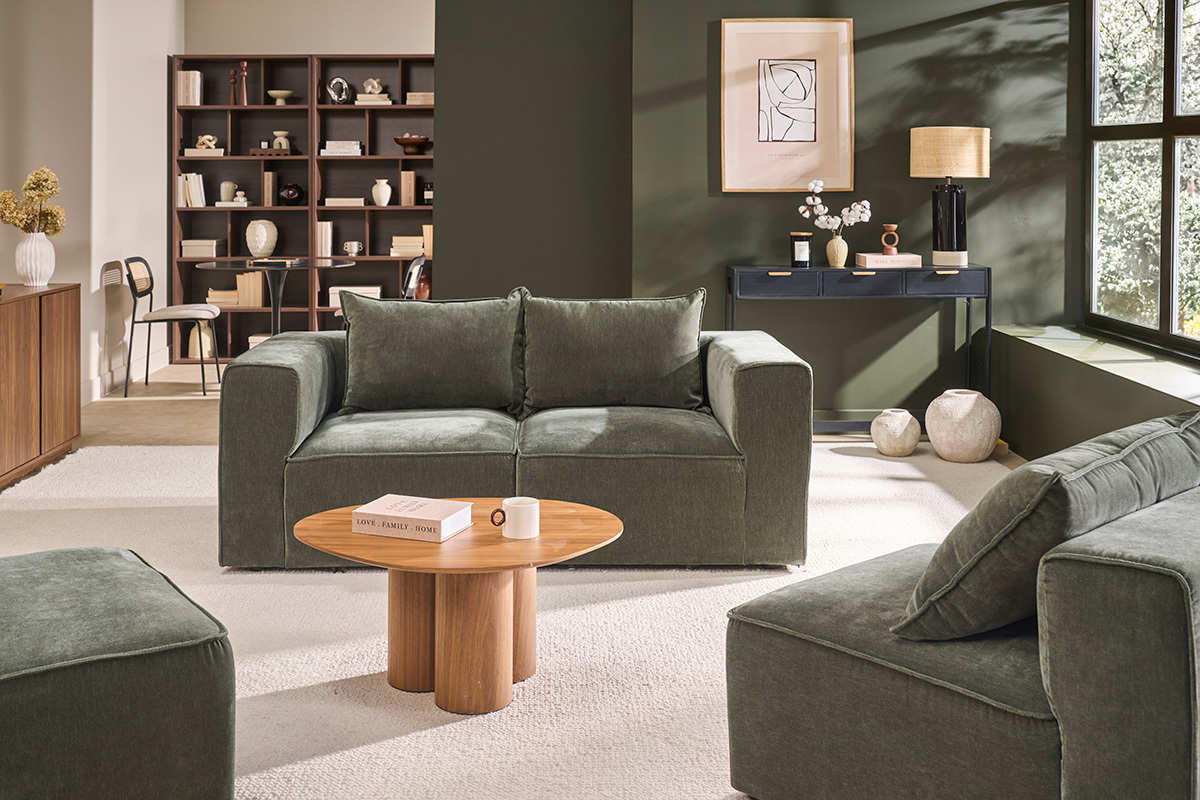 Rechtwinkliges Eckmodul f�r Sofa aus Stoff in Samteffekt Khaki-Gr�n KERRY