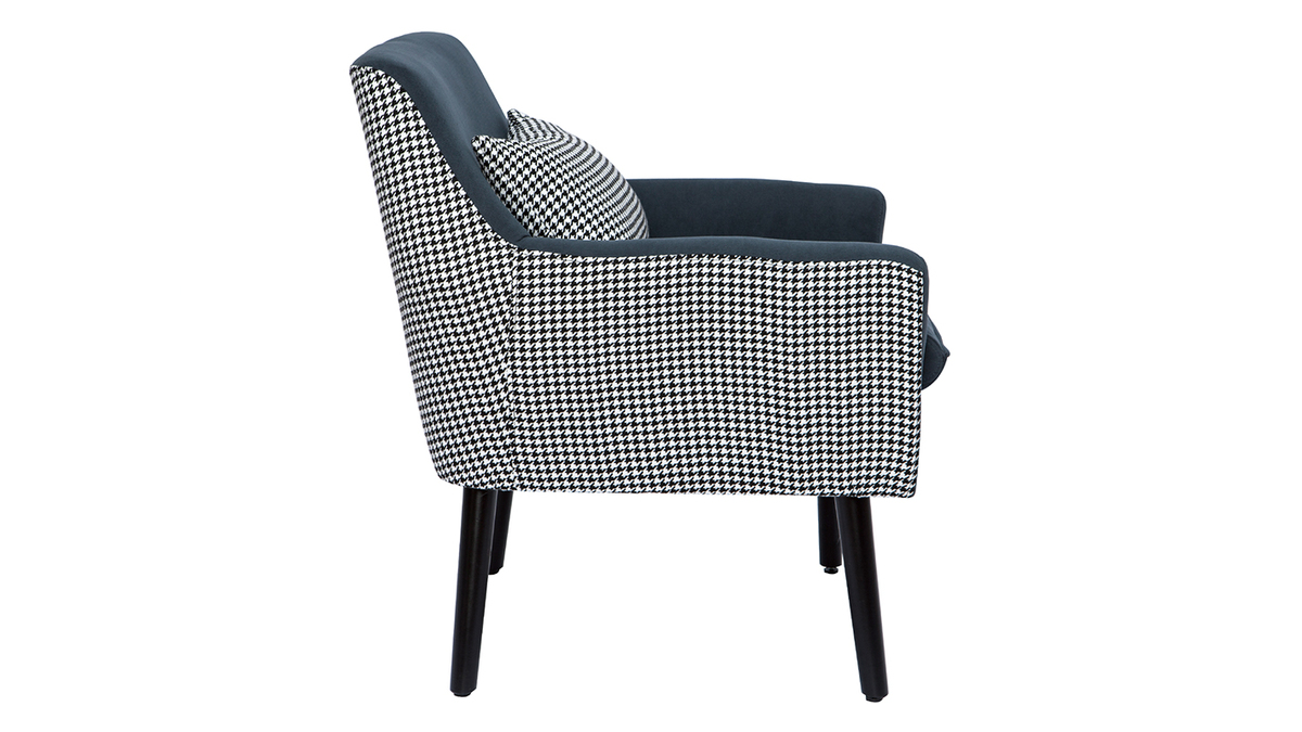 Retro-Sessel aus blau-grauem Samt und Hahnentritt-Stoff DORIS