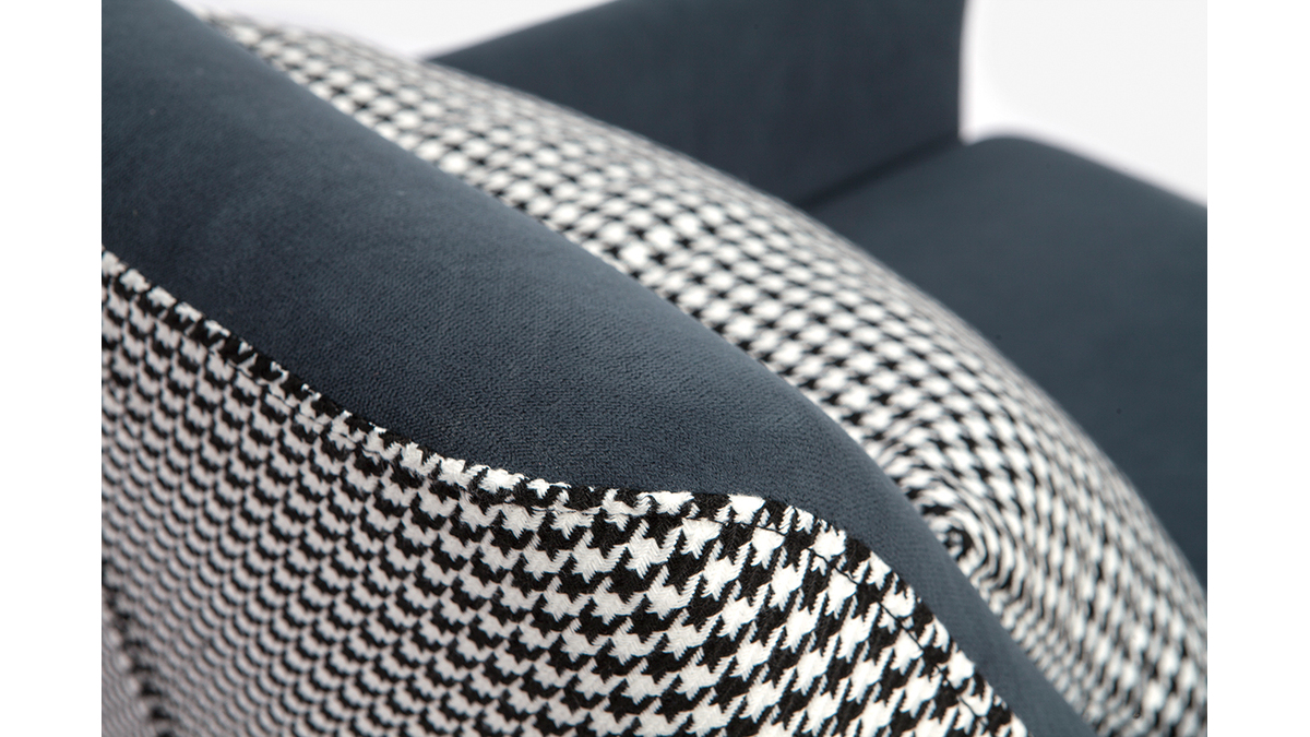 Retro-Sessel aus blau-grauem Samt und Hahnentritt-Stoff DORIS