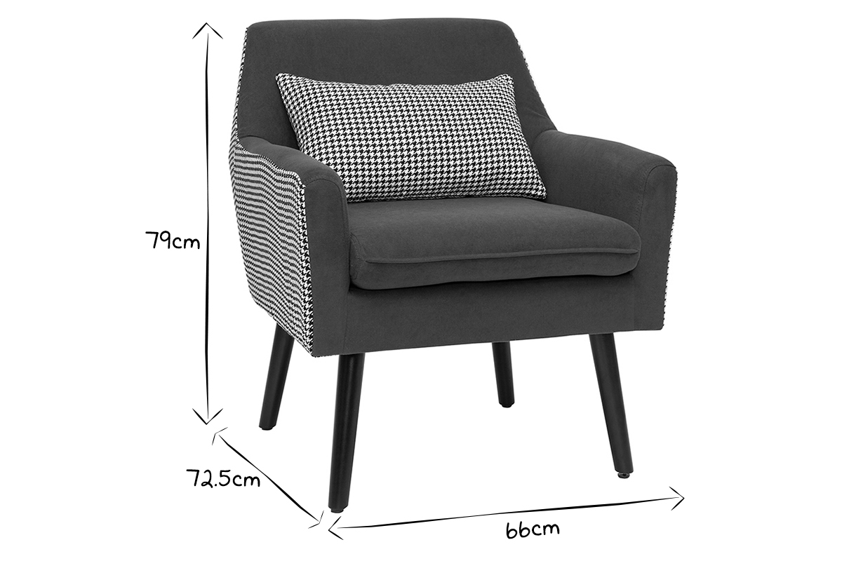 Retro-Sessel aus blau-grauem Samt und Hahnentritt-Stoff DORIS