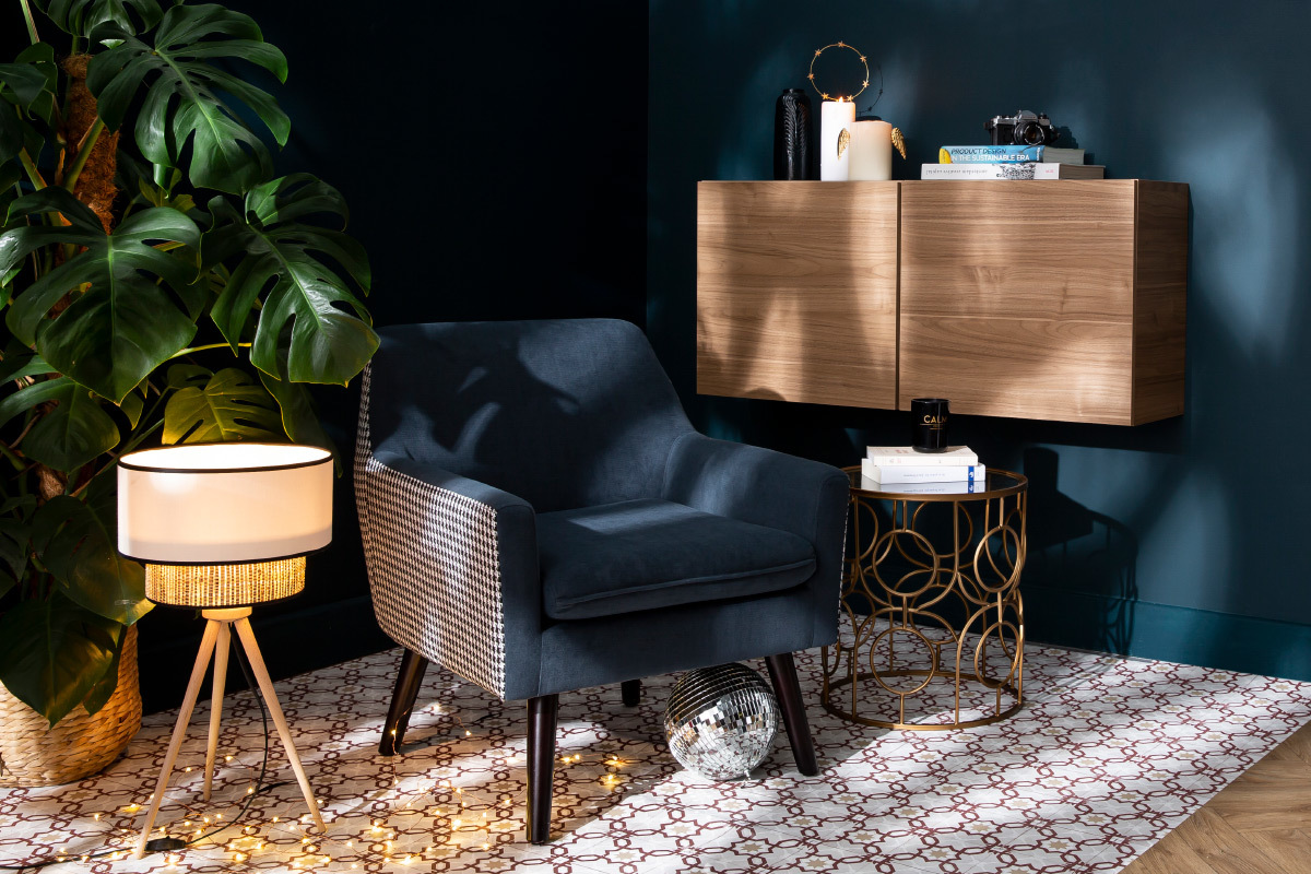 Retro-Sessel aus blau-grauem Samt und Hahnentritt-Stoff DORIS