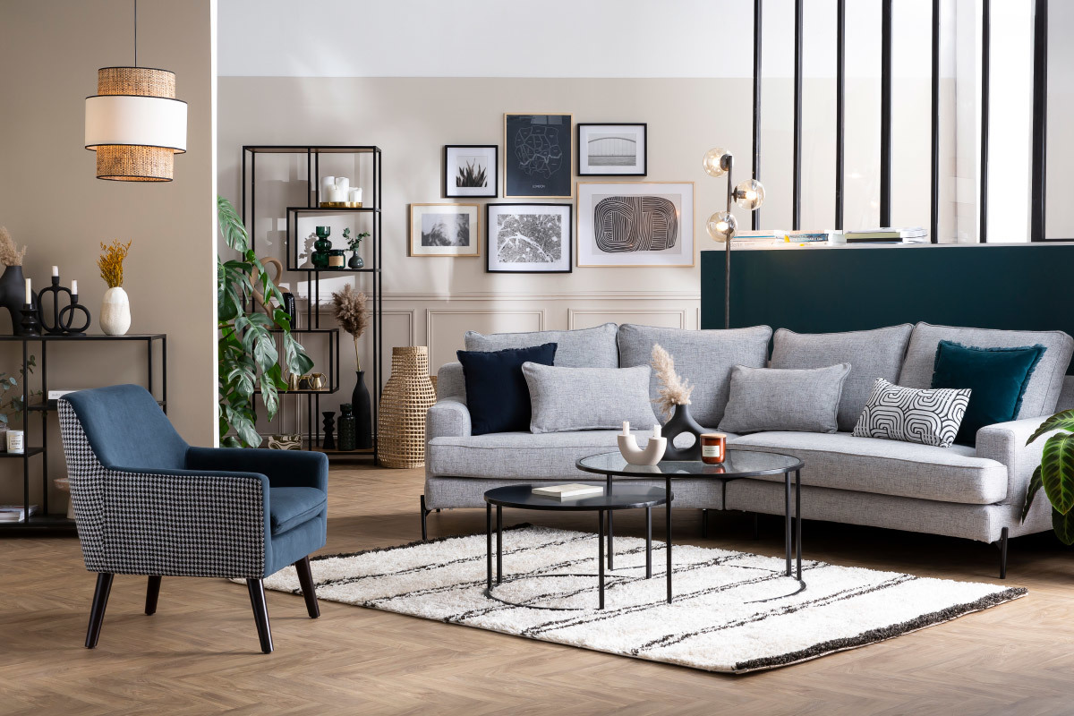 Retro-Sessel aus blau-grauem Samt und Hahnentritt-Stoff DORIS