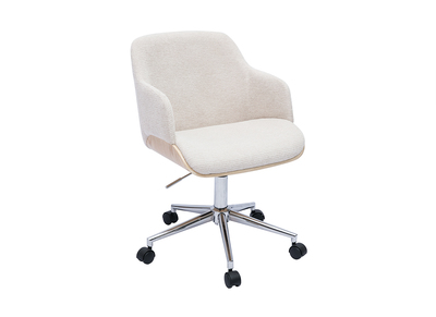 Rollender Bürostuhl aus beigem Samtstoff, hellem Holz und verchromtem Metall EARL