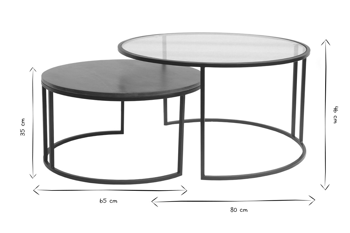 Runde ineinander stapelbare Couchtische aus geh�rtetem Glas, massives, gebeiztes Mangoholz und schwarzes Metall (Set aus 2) TAHL
