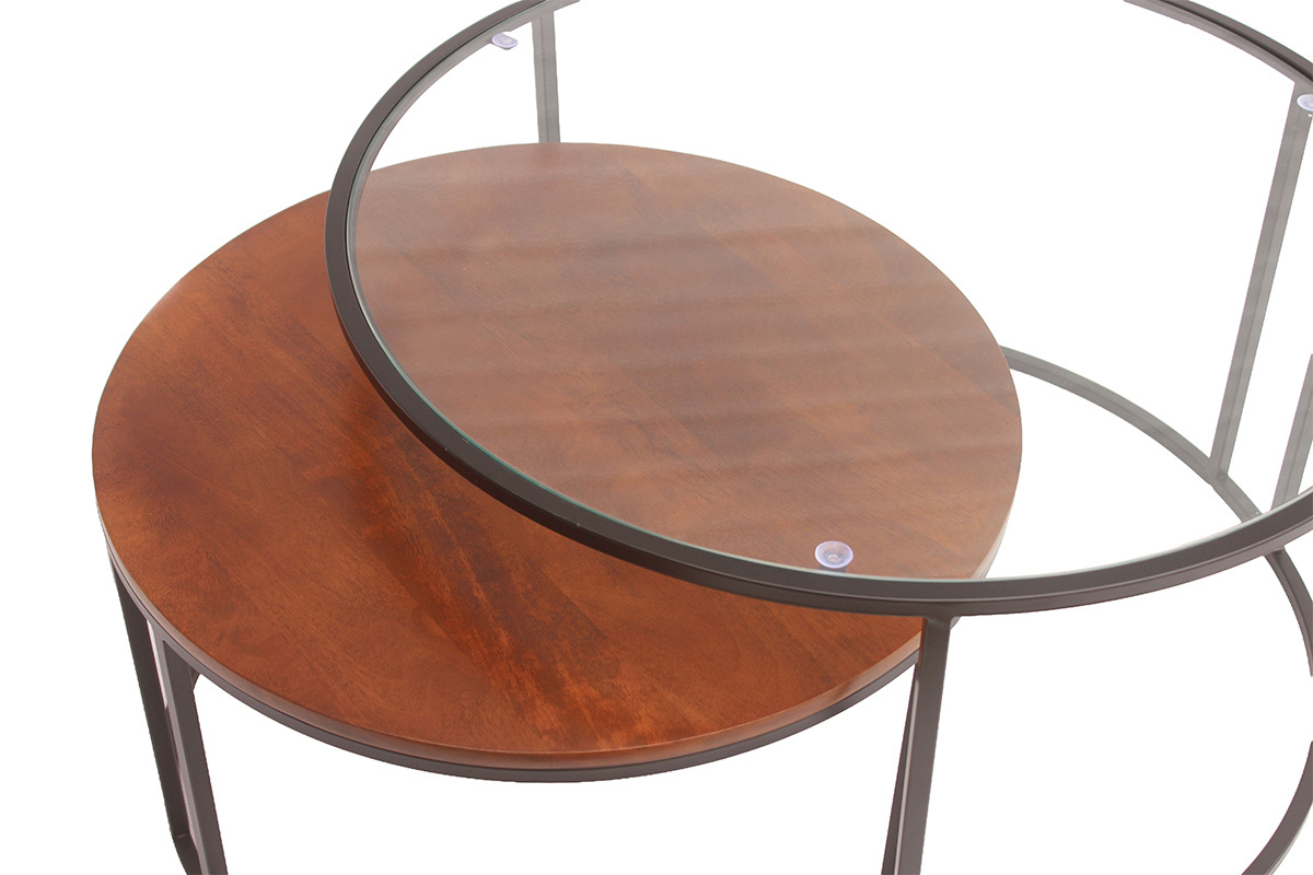 Runde ineinander stapelbare Couchtische aus geh�rtetem Glas, massives, gebeiztes Mangoholz und schwarzes Metall (Set aus 2) TAHL