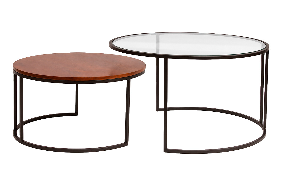 Runde ineinander stapelbare Couchtische aus geh�rtetem Glas, massives, gebeiztes Mangoholz und schwarzes Metall (Set aus 2) TAHL