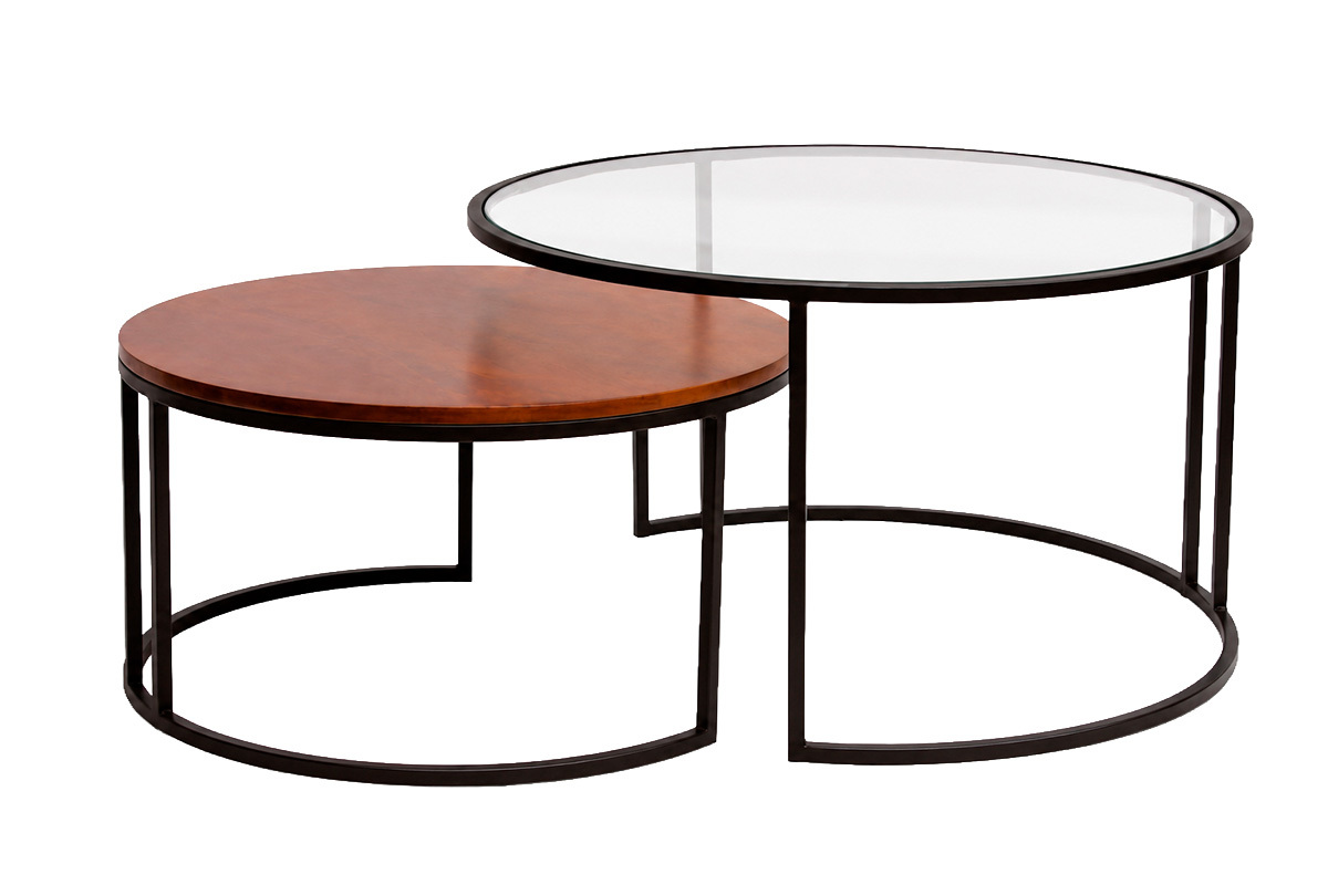 Runde ineinander stapelbare Couchtische aus geh�rtetem Glas, massives, gebeiztes Mangoholz und schwarzes Metall (Set aus 2) TAHL