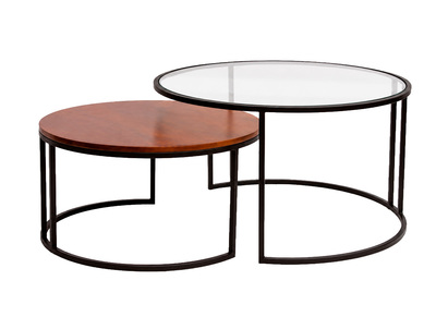 Runde ineinander stapelbare Couchtische aus geh&auml;rtetem Glas, massives, gebeiztes Mangoholz und schwarzes Metall (Set aus 2) TAHL