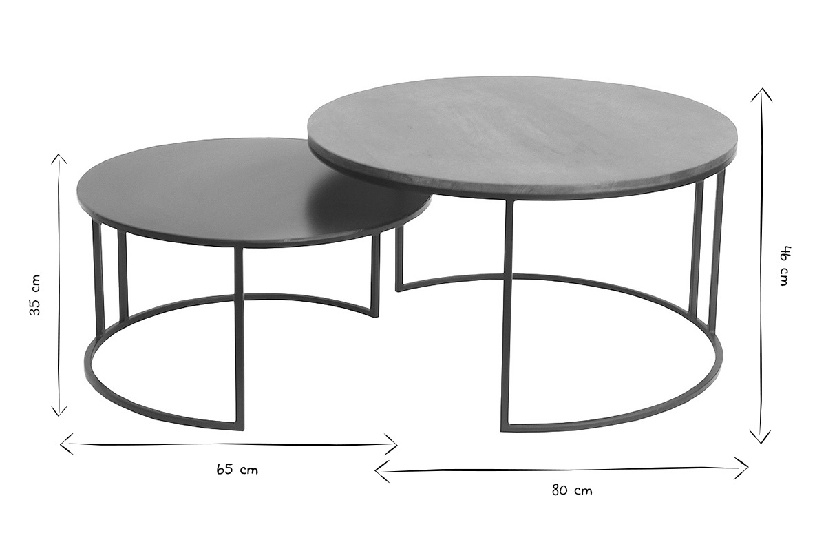 Abmessungen der ineinander stapelbaren Couchtische TAHL in Schwarz-Wei�: 65x65x35 cm und 80x80x46 cm.