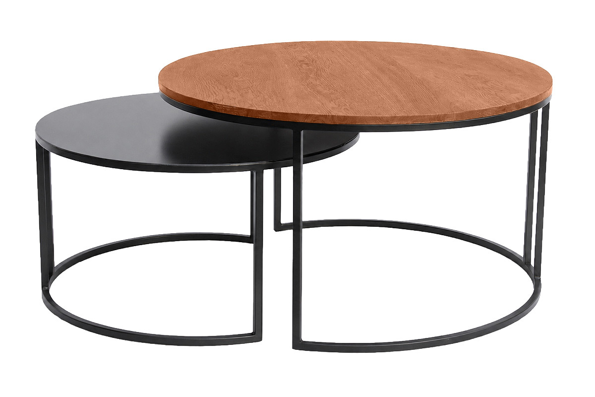 Runde ineinanderstellbare Couchtische aus massivem gebeiztem Mangoholz und schwarzem Metall (2er-Set) TAHL