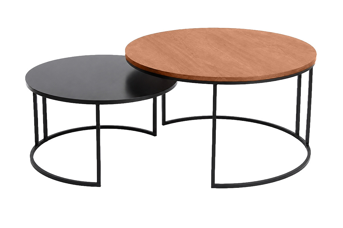 Runde ineinanderstellbare Couchtische aus massivem gebeiztem Mangoholz und schwarzem Metall (2er-Set) TAHL