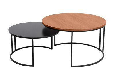Runde ineinanderstellbare Couchtische aus massivem gebeiztem Mangoholz und schwarzem Metall (2er-Set) TAHL