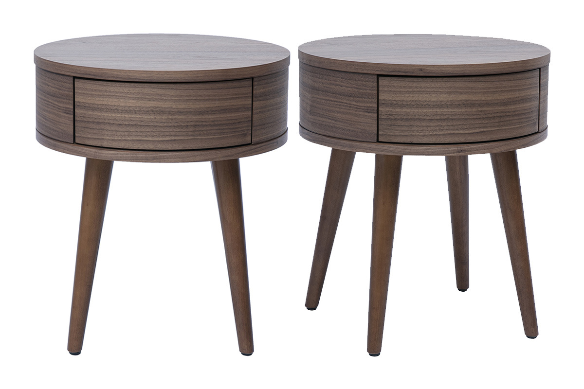 Zwei runde Nachttische aus dunklem Holz mit Schublade, Frontansicht.