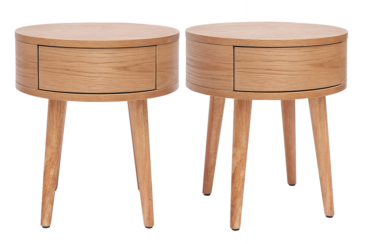 Runde Nachttische aus hellem Holz mit Schublade (2er-Set) JUDITH