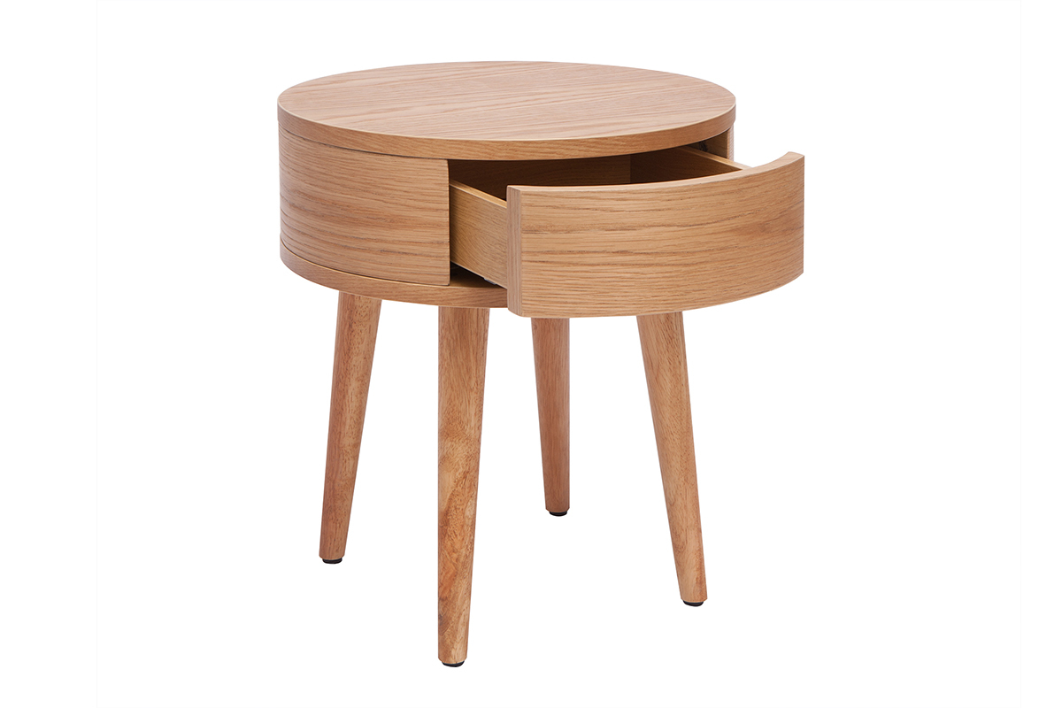 Runde Nachttische aus hellem Holz mit Schublade (2er-Set) JUDITH