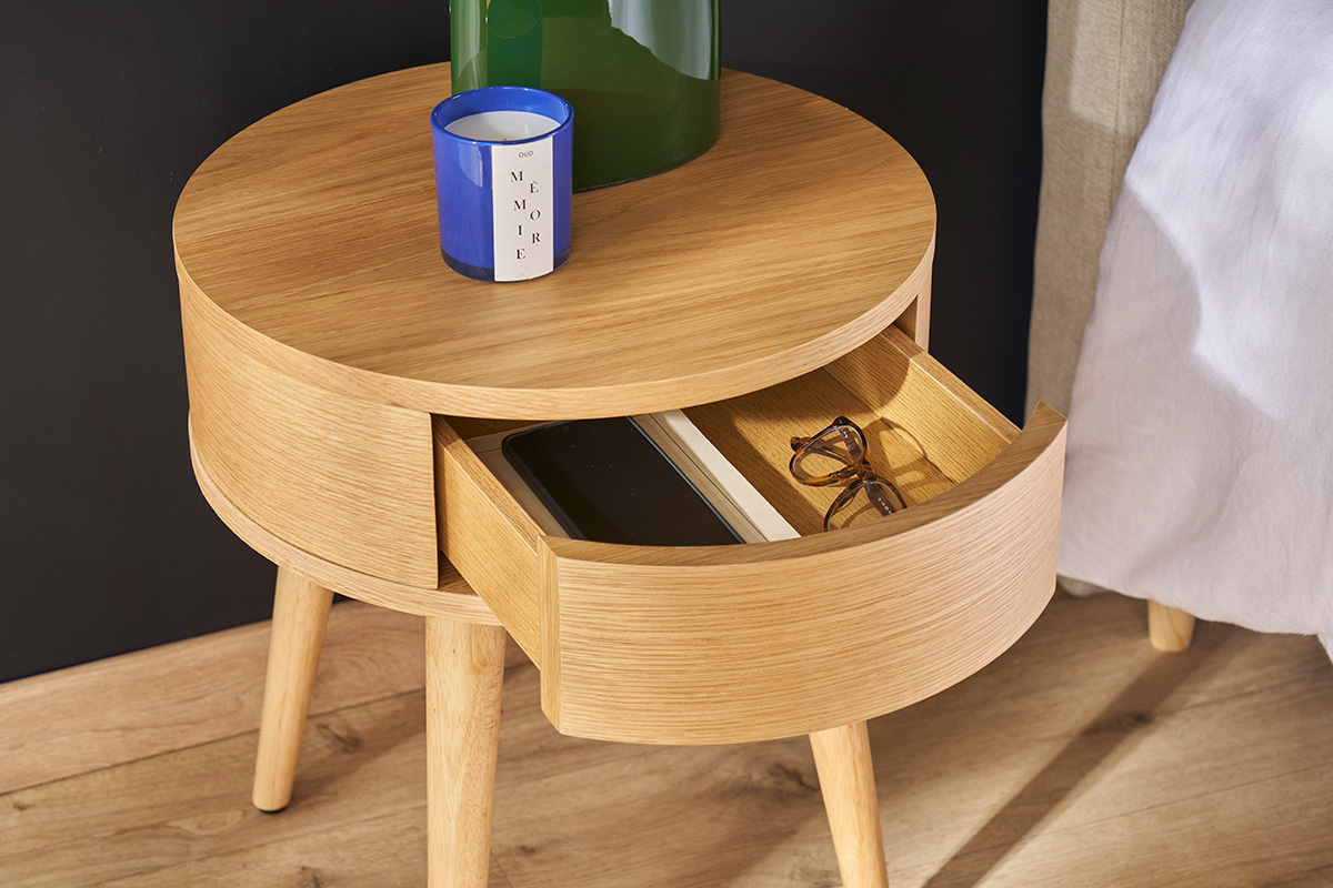 Runde Nachttische aus hellem Holz mit Schublade (2er-Set) JUDITH