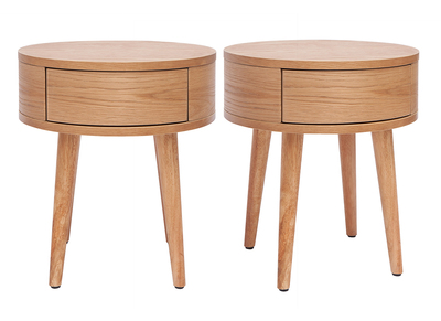 Runde Nachttische aus hellem Holz mit Schublade (2er-Set) JUDITH