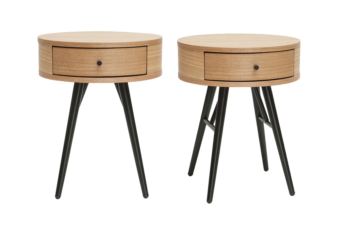 Runde Nachttische mit Schublade aus hellem Holz und schwarzem Metall (2er-Set) KORAL