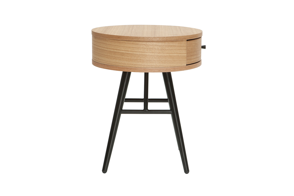 Runde Nachttische mit Schublade aus hellem Holz und schwarzem Metall (2er-Set) KORAL