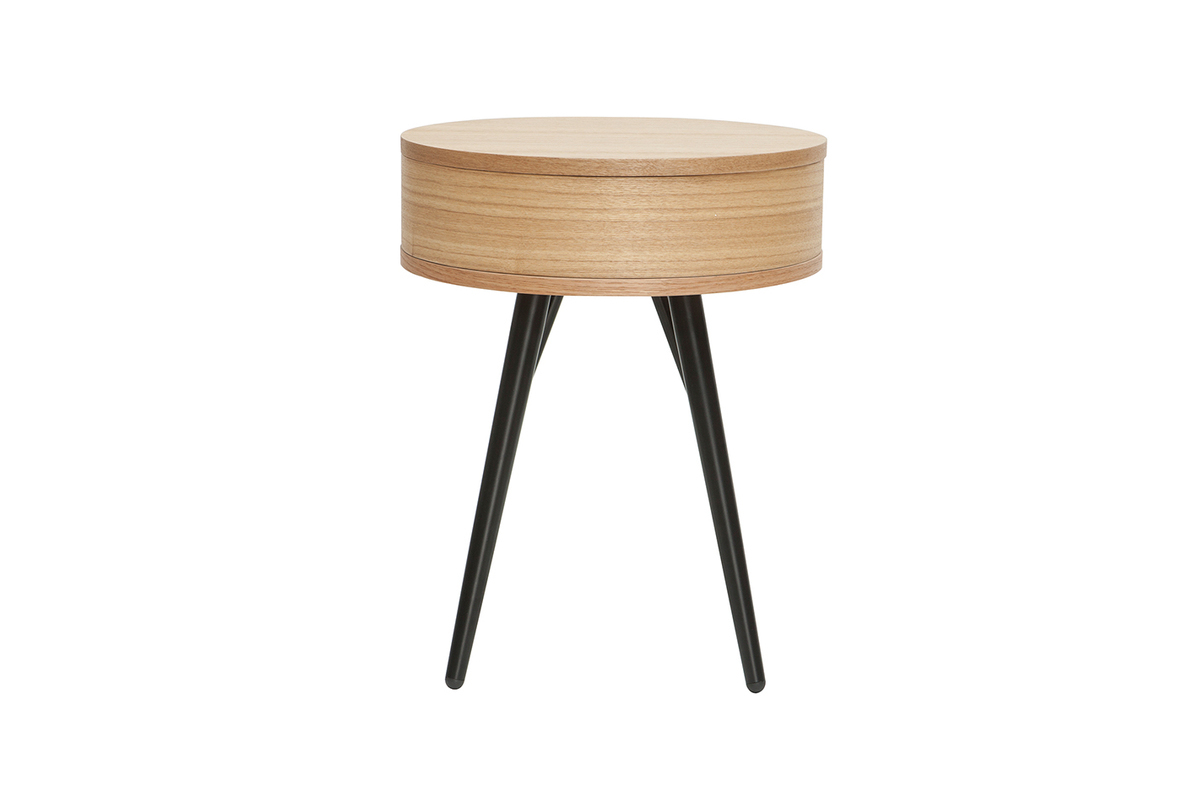 Runde Nachttische mit Schublade aus hellem Holz und schwarzem Metall (2er-Set) KORAL
