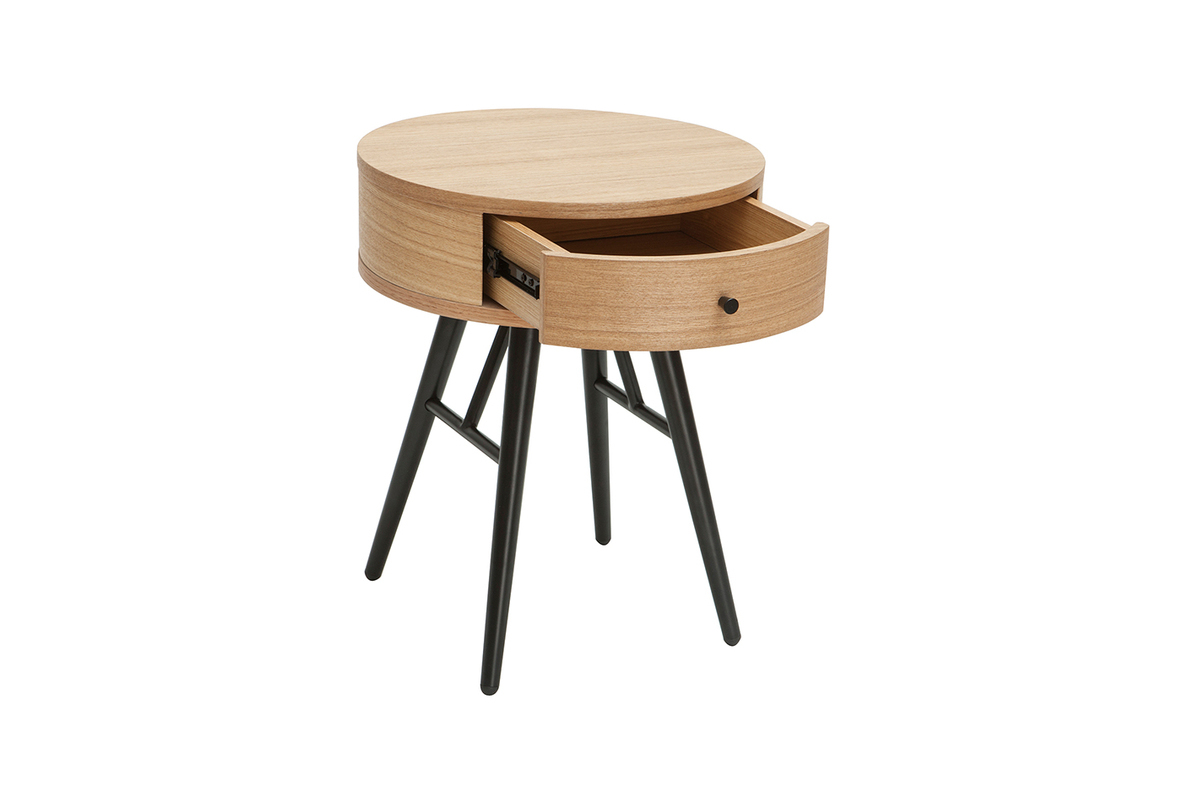 Runde Nachttische mit Schublade aus hellem Holz und schwarzem Metall (2er-Set) KORAL