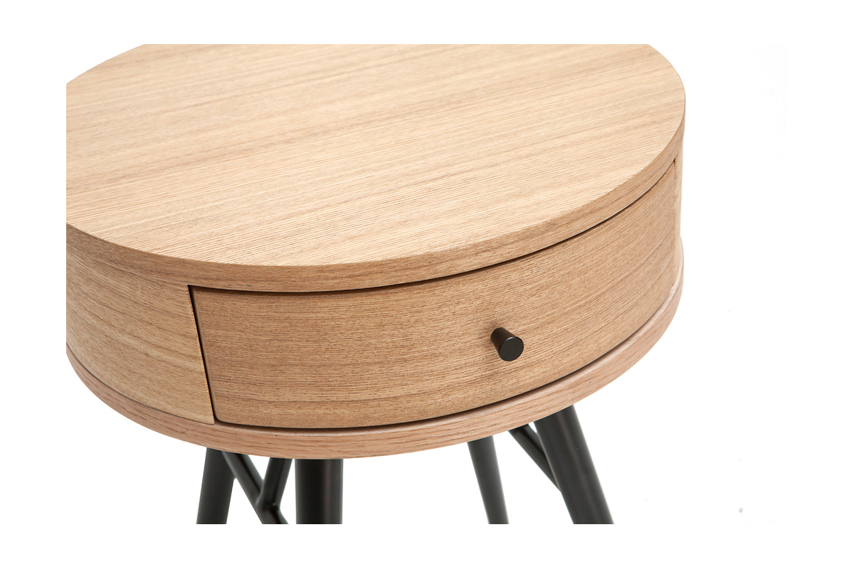 Runde Nachttische mit Schublade aus hellem Holz und schwarzem Metall (2er-Set) KORAL