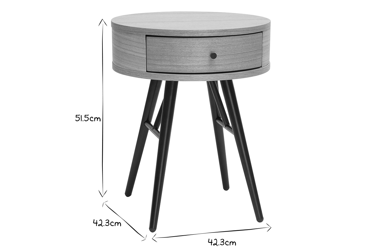 Runde Nachttische mit Schublade aus hellem Holz und schwarzem Metall (2er-Set) KORAL