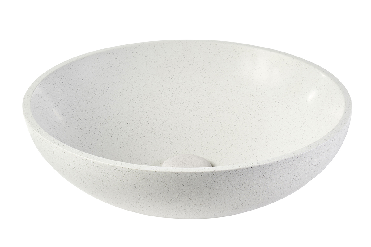 Rundes Waschbecken aus grauem Terrazzo, Durchmesser 40 cm, Frontansicht, schlichter und moderner Stil.