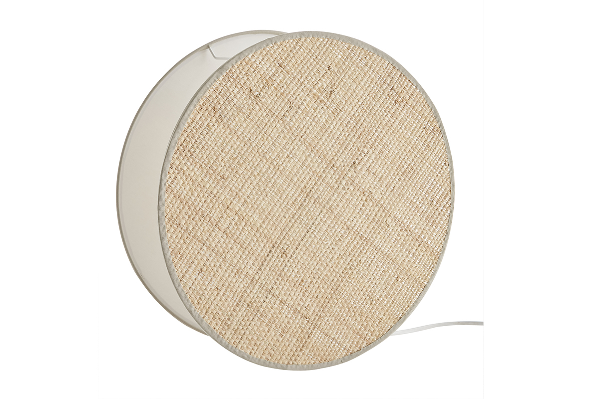 Runde Tischleuchte aus zwei Materialien, salbeigrner Stoff und naturfarbener Bast D35 cm VERSO