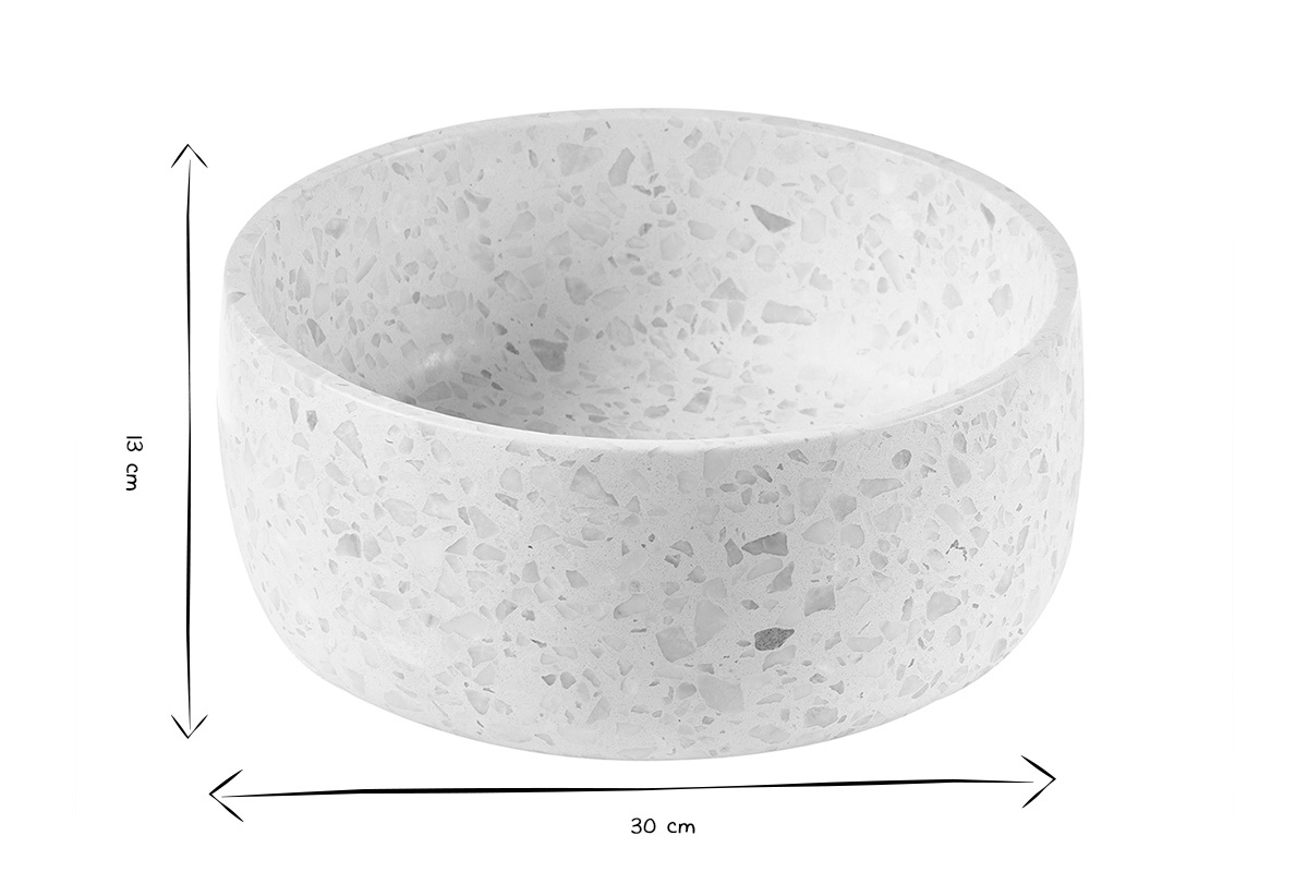 Abmessungen des runden Waschbeckens aus grauem Terrazzo, D30 cm, H13 cm in Schwarz und Wei�.