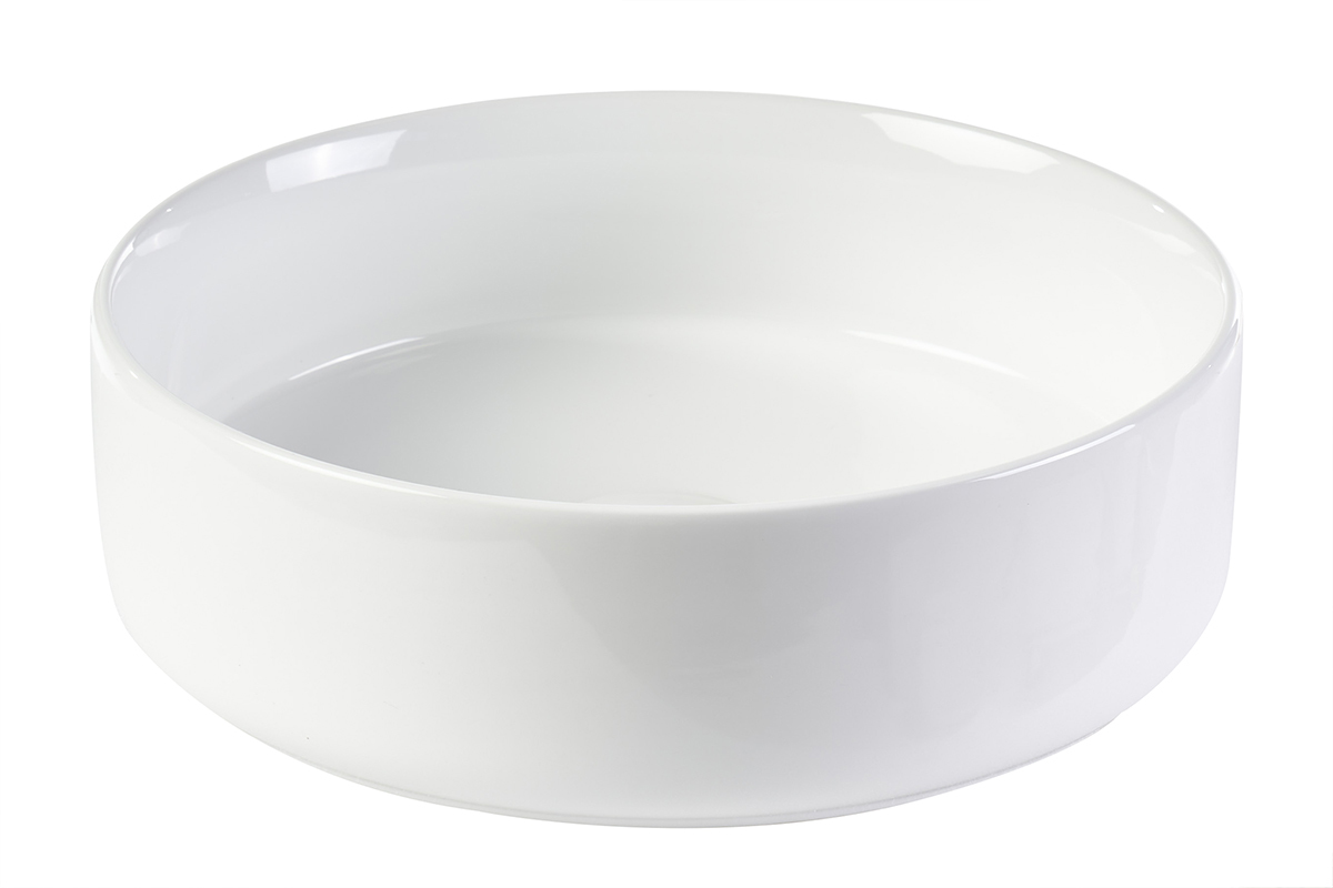 Rundes Waschbecken aus wei�er Keramik D40,5 cm ISLA, Frontansicht auf wei�em Hintergrund.