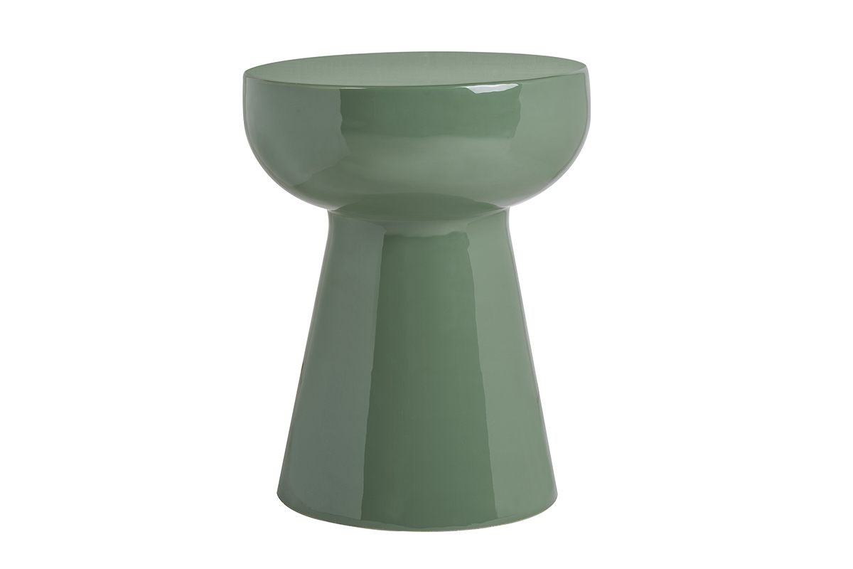 Runder Beistelltisch aus kaki-gr�n emailliertem Metall, Frontansicht.