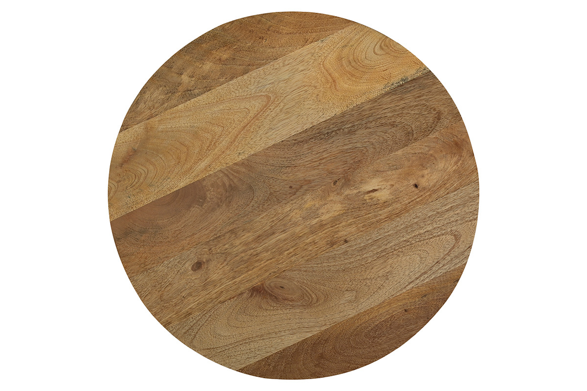 Runde Platte aus massivem Mangoholz des VERONA Beistelltisches, Draufsicht.