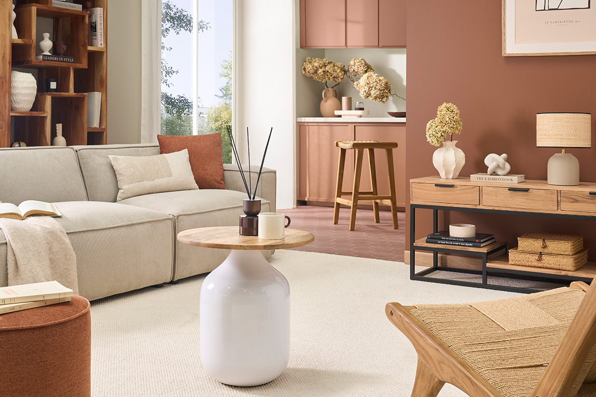 Runder Beistelltisch im Design Wei� und Massivholz Mango H49 cm VERONA