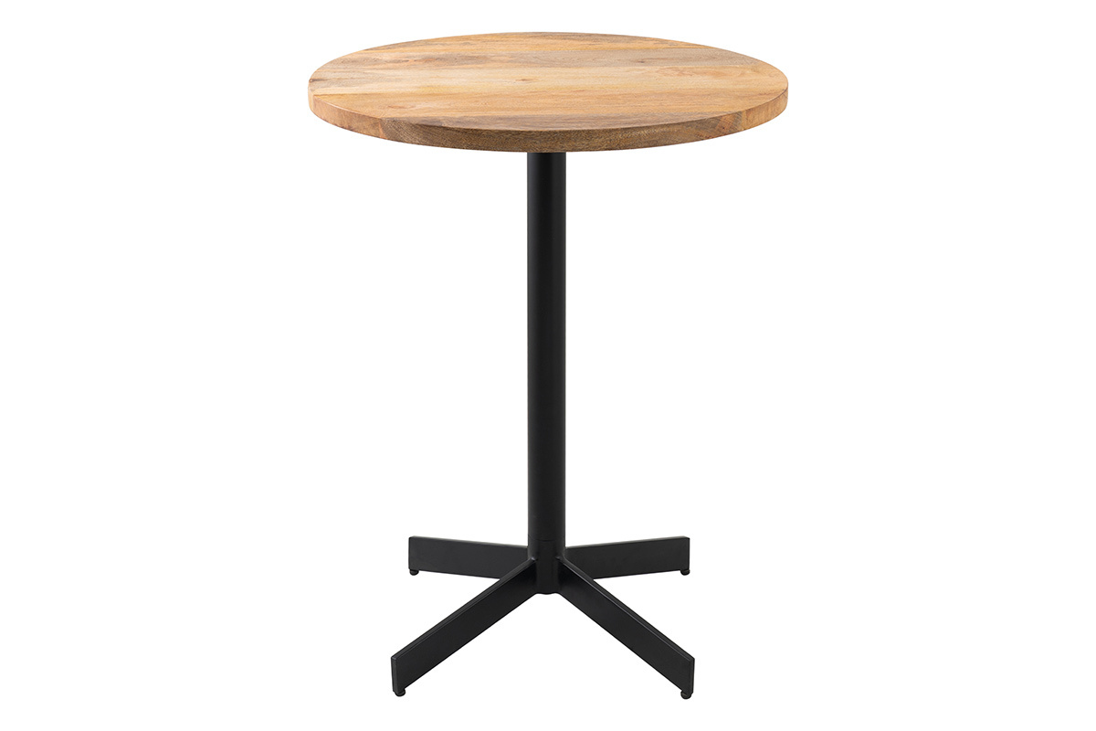 Rundbistrotisch aus massivem Holz und schwarzem Metall, �60 cm, frontale Ansicht.