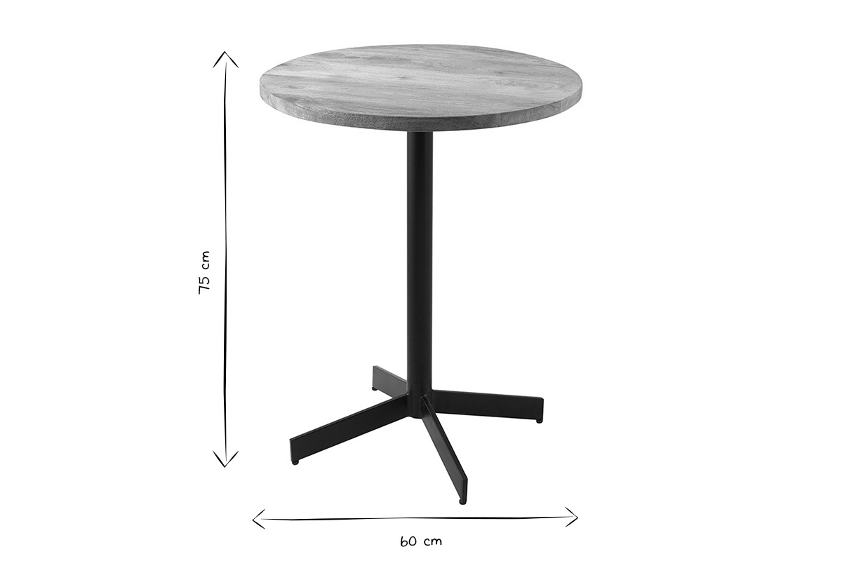 Abmessungen des runden Bistro-Tischs aus massivem Holz und Metall, H�he 75 cm, Durchmesser 60 cm, Bild in Schwarzwei�.