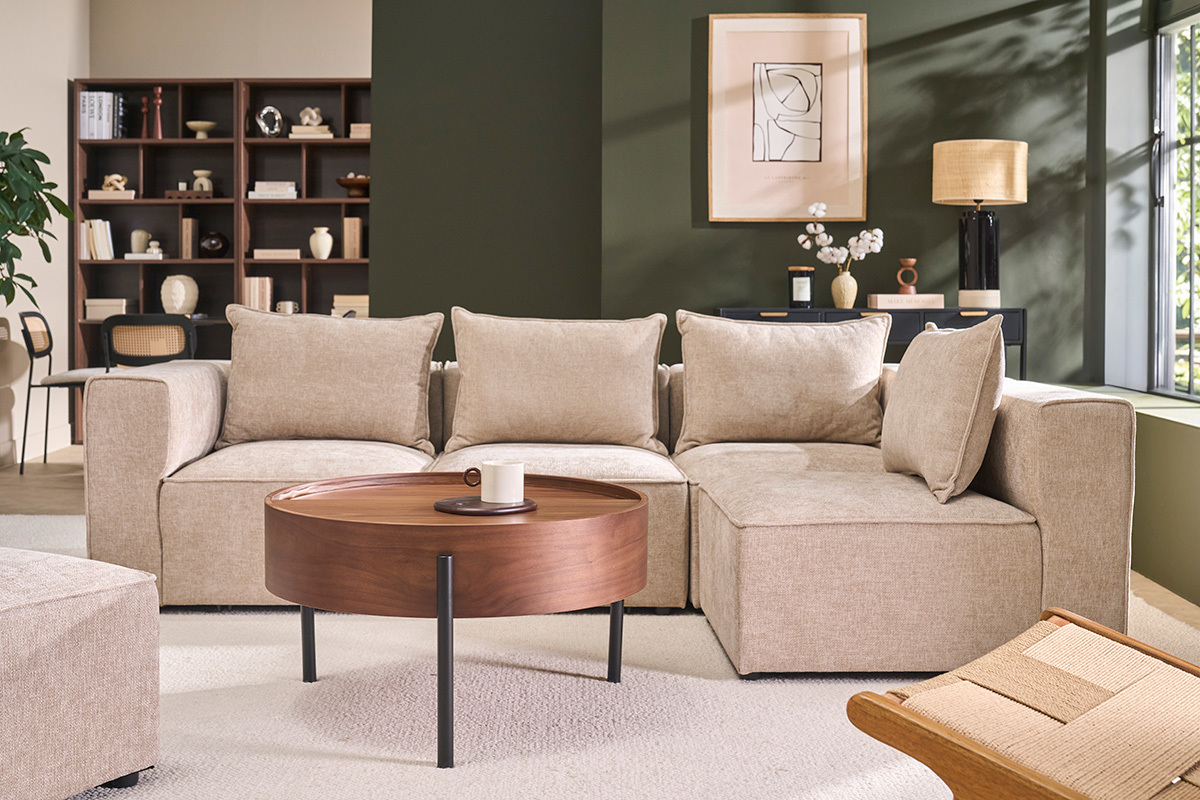 Runder Couchtisch aus dunklem Walnussholz und schwarzem Metall mit drehbarer Platte und Aufbewahrung D80 cm YOLINE