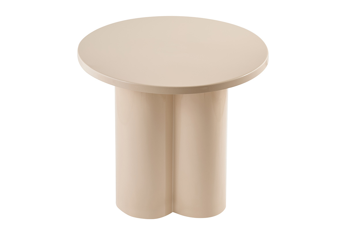 Designer-Beistelltisch aus beigefarbenem emailliertem Metall, Draufsicht, Durchmesser 51 cm.