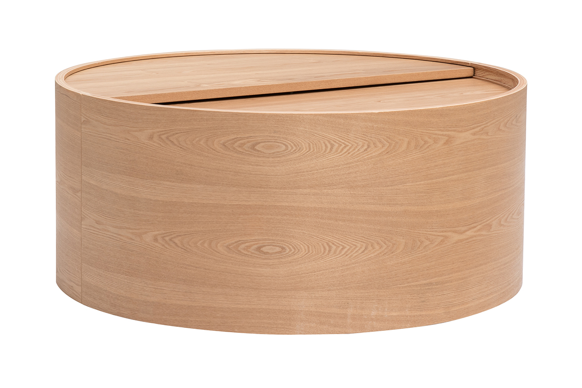 Runder Couchtisch aus hellem Eschenholz mit drehbarer Platte und Stauraum, Ansicht von 3/4.