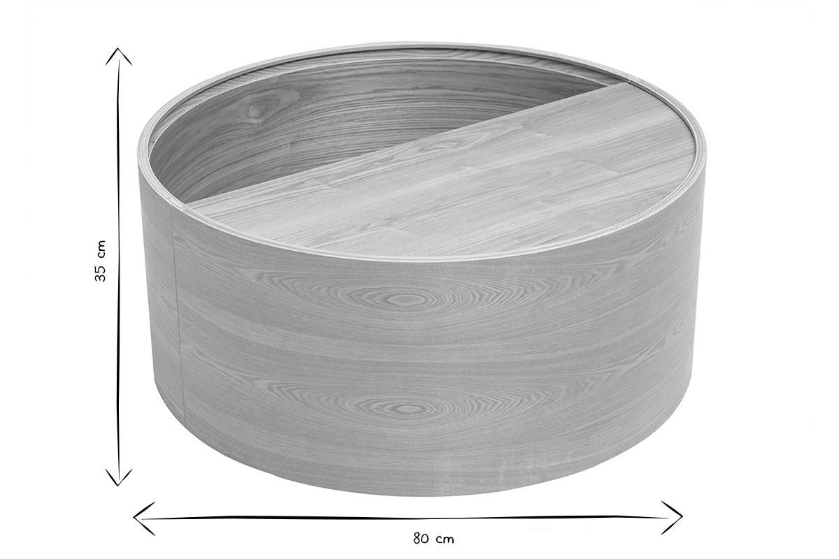 Runder Couchtisch aus hellem Holz mit Abmessungen, 80 cm Durchmesser, 35 cm H�he, Draufsicht.