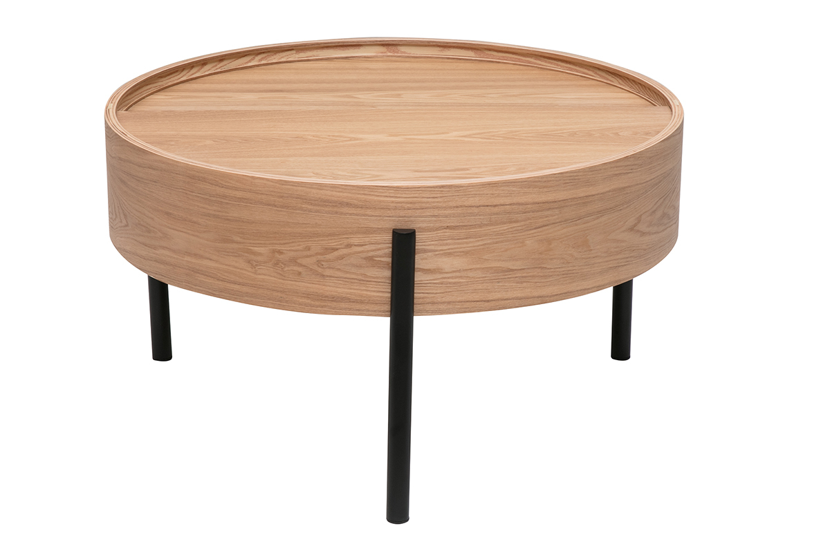 Runder Couchtisch aus hellem Holz mit schwarzen Metallbeinen, R�ckansicht.