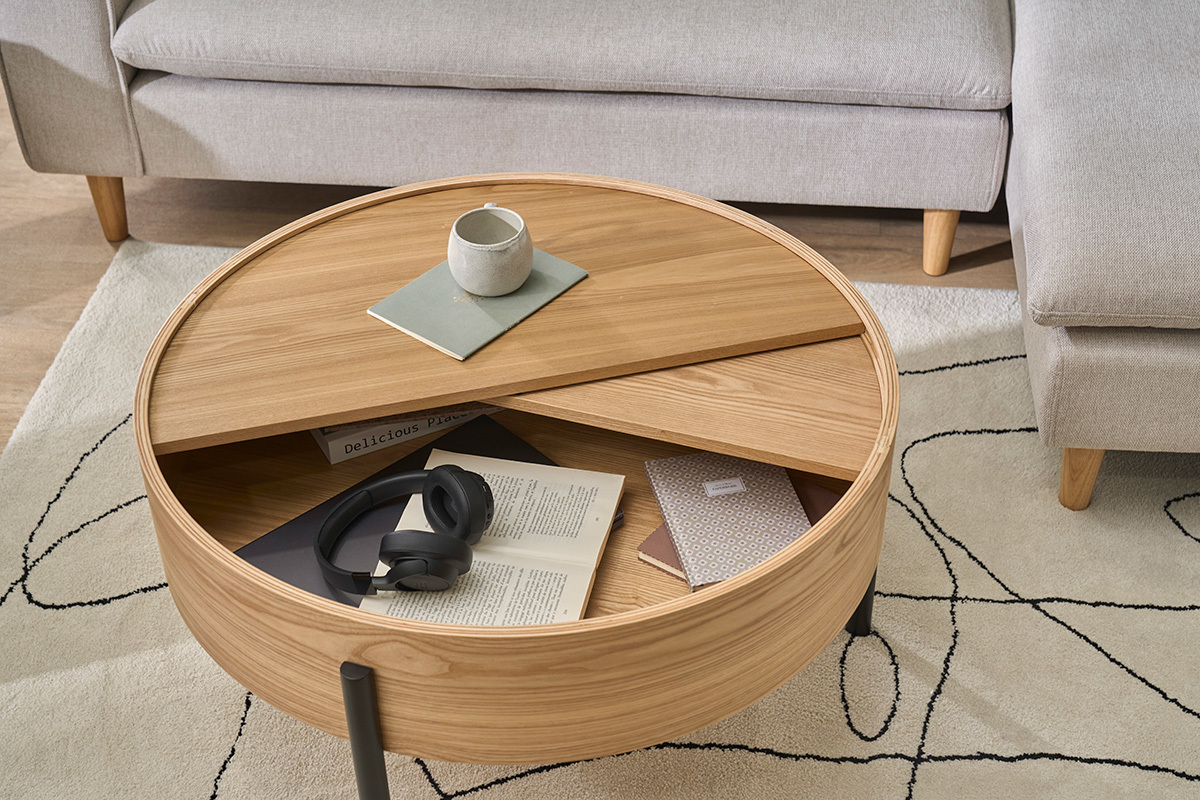 Runder Couchtisch aus hellem Eschenholz und schwarzem Metall mit drehbarer Platte und Stauraum D80 cm YOLINE