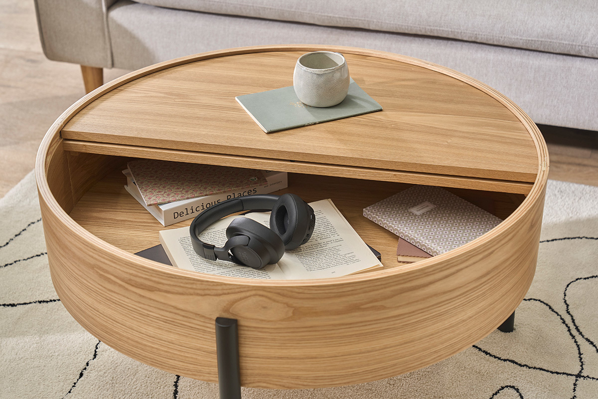 Runder Couchtisch aus hellem Eschenholz und schwarzem Metall mit drehbarer Platte und Stauraum D80 cm YOLINE