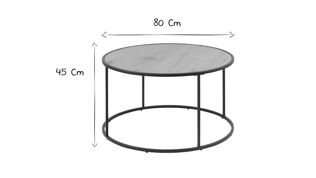 Runder Couchtisch aus Holz und schwarzem Metall D80 cm TRESCA