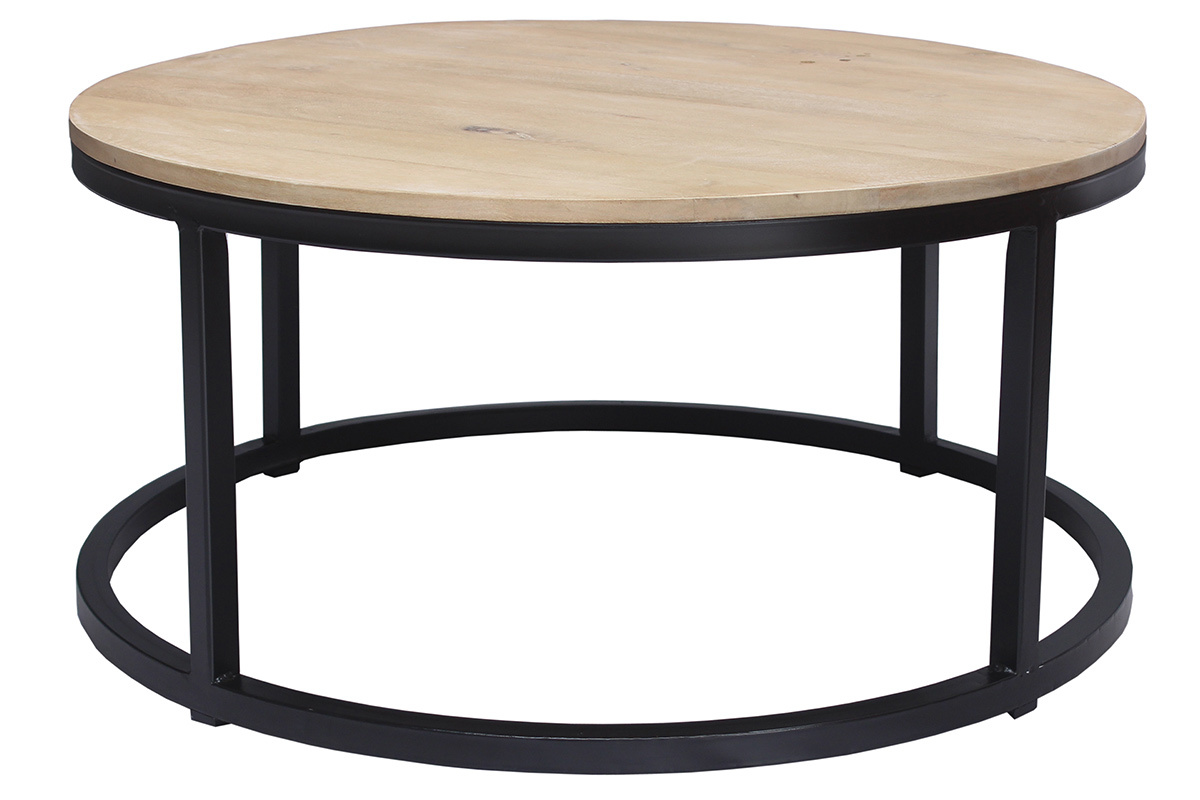 Runder Couchtisch aus Mangobaum und schwarzem Metall D80 cm FACTORY
