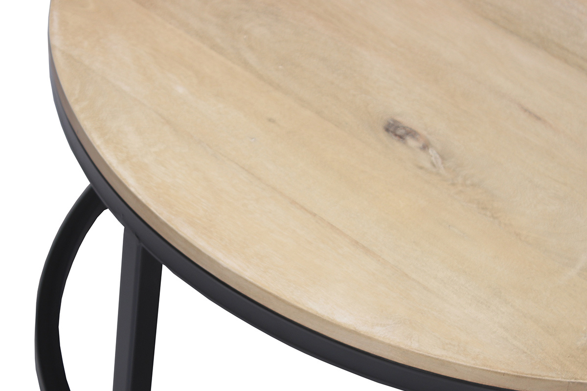 Runder Couchtisch aus Mangobaum und schwarzem Metall D80 cm FACTORY