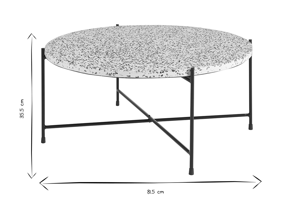 Abmessungen des runden Beistelltischs aus Terrazzo und schwarzem Metall, D81,5 cm, H35,5 cm.