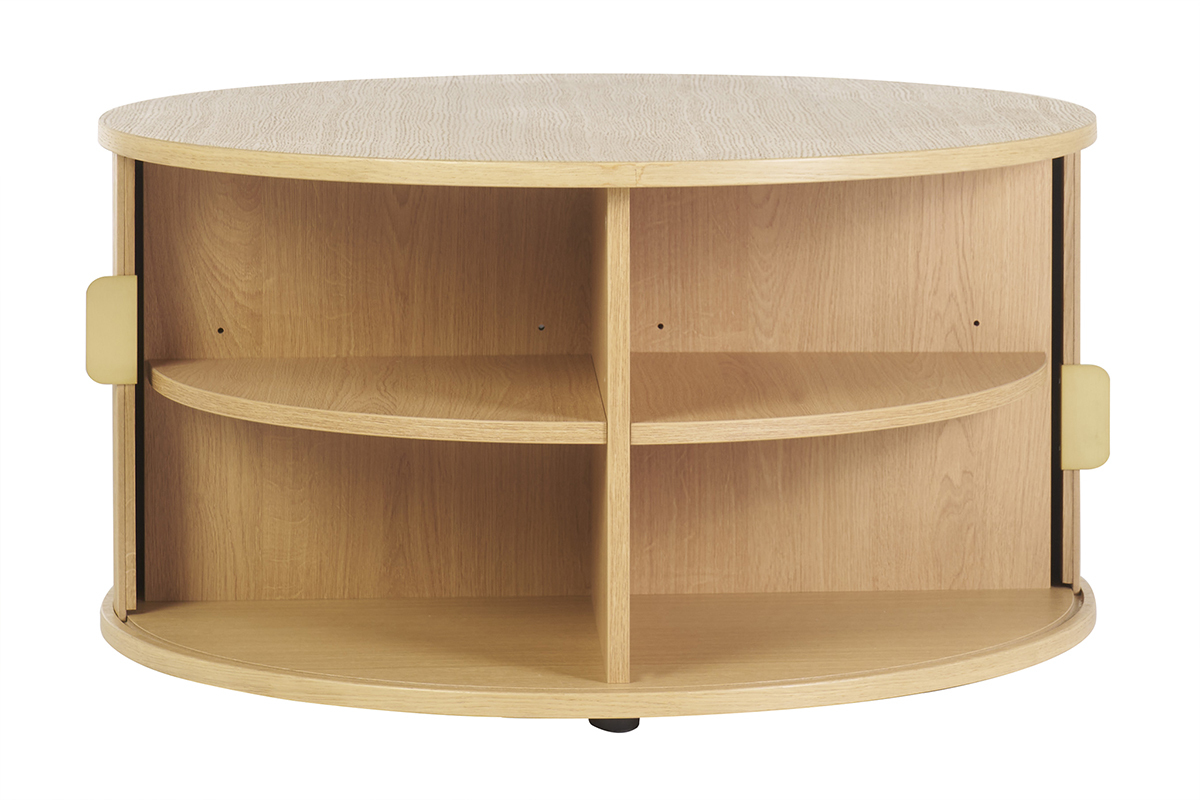 Runder Couchtisch in heller Eichenholzoptik mit 2 Schiebetren D80 cm EPIC