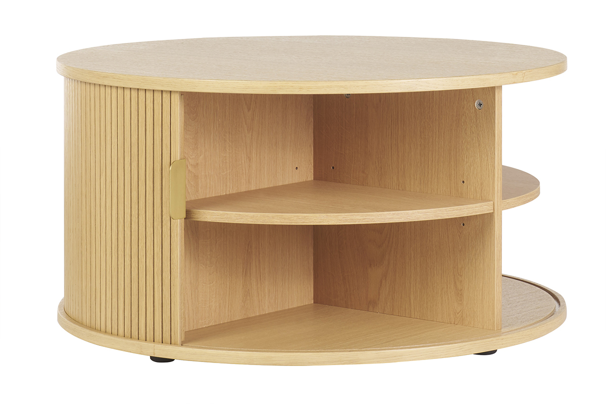 Runder Couchtisch in heller Eichenholzoptik mit 2 Schiebetren D80 cm EPIC